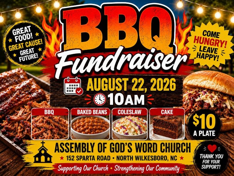 BBQ Fundraiser - August 22, 2026 at 10AM - Assembly of God's Word Church - $10 a plate